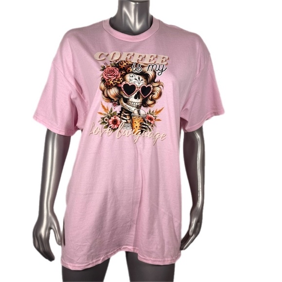 Light Pink Graphic Tee Cute Skeleton Lady Coffee Love Language - Picture 2 of 12